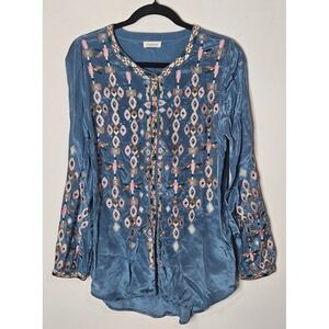 Sundance Embroidered Boho Blue Pastel‎ Feminine Long Sleeve Tunic Top Women's M